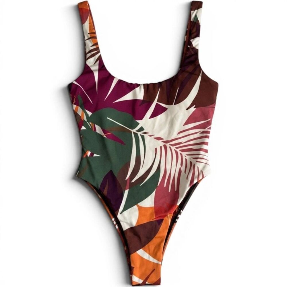 Vitamin A Swim Tropical Palm Print Scoop Back High Leg One Piece Swimsuit Large